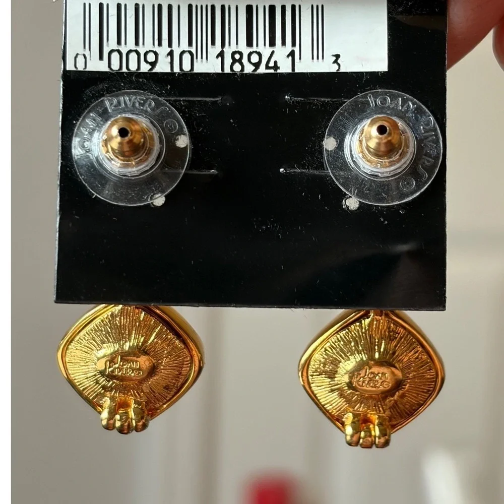 NEW Joan Rivers Gold Tone Pave Crystal Square Drop Hoop Earrings‎ Vintage Style